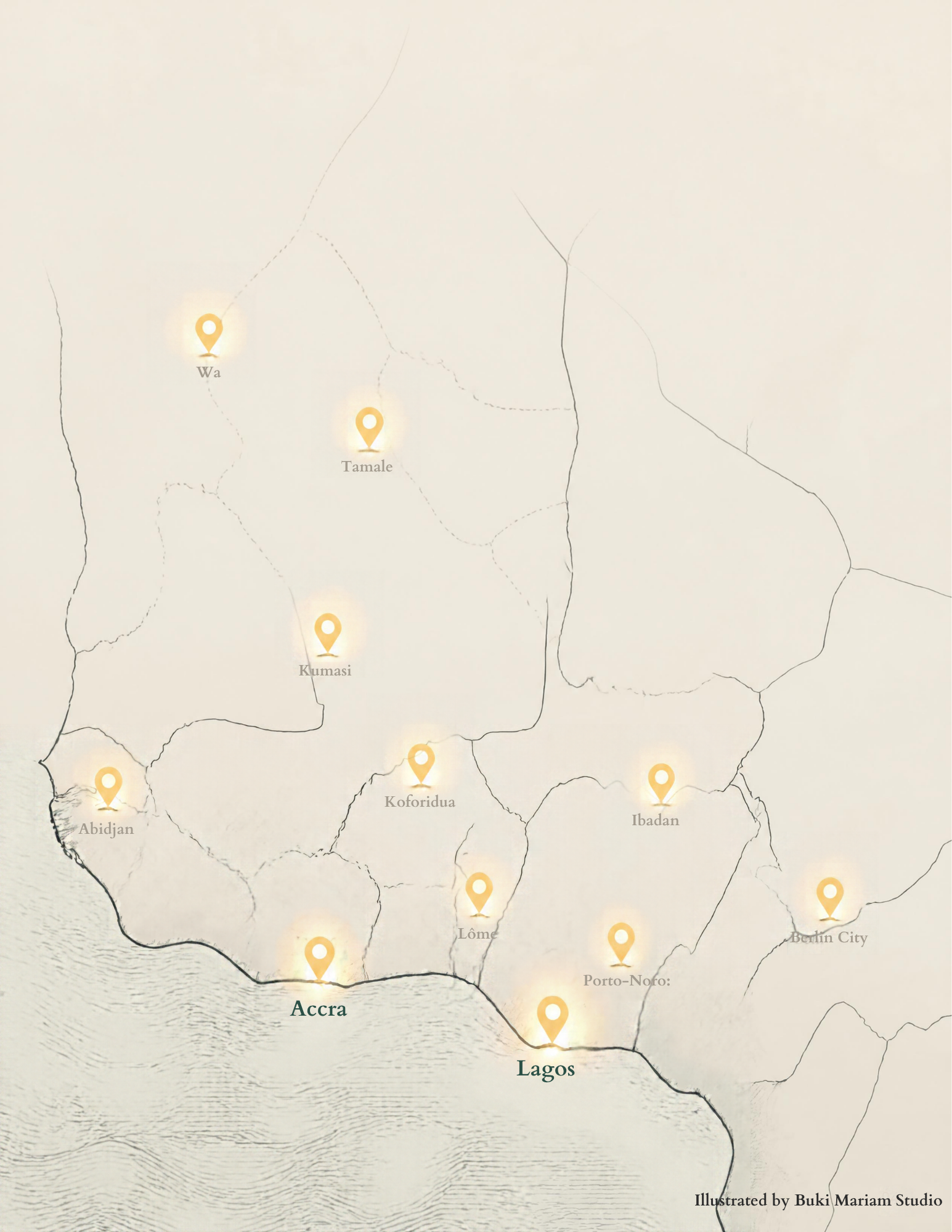 Illustrated map of West Africa marking Lagos and Accra along the coast, with Abidjan, Wa, Tamale, Kumasi, Koforidua, Lomé, Porto-Novo, Ibadan and Benin City.