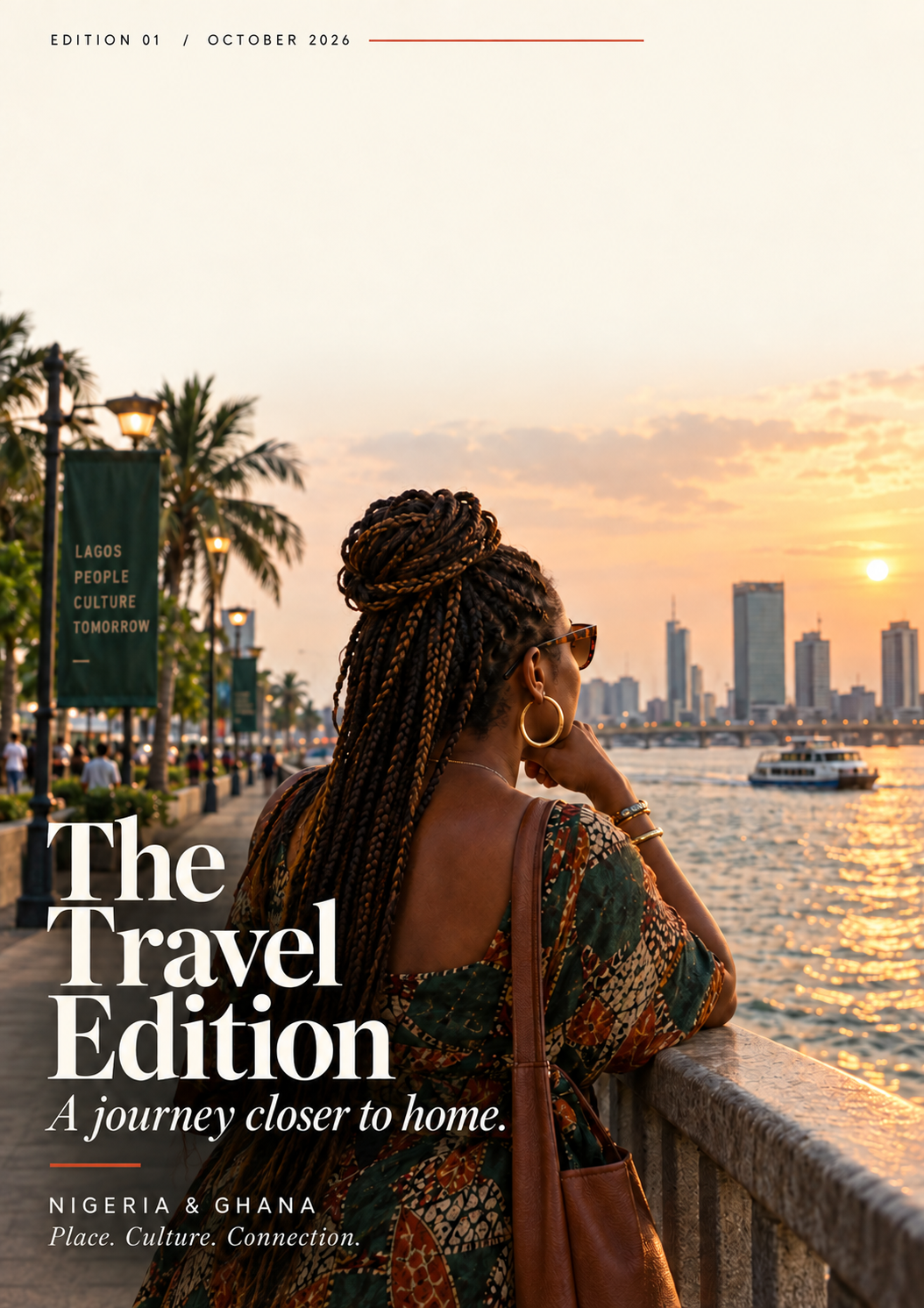 Cover of The Travel Edition: a woman with braided hair looks out over a waterfront city skyline at sunset